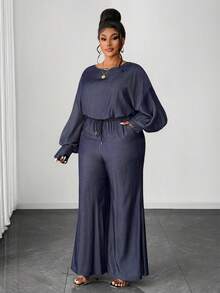 Maweii 春夏秋冬圆领泡泡袖宽松衬衫+简约喇叭裤两件套，通勤休闲两相宜，极简时尚设计，新款必备单品，牛仔面料，小众设计，休闲大码女装 - 藍色 - 查看 4