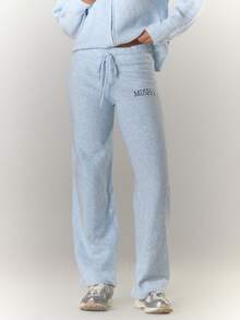 MUSERA Pantalones anchos de punto acanalado con detalles bordados, cómodos, lindos, casuales, para club de café, invierno, elegantes, para fiesta de noche - Celeste - Ver 2