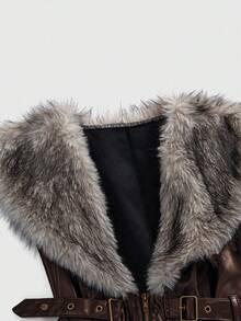 ROMWE J-Fashion Y2K秋冬季可拆卸人造毛领女式PU皮夹克 - 棕色 - 查看 4