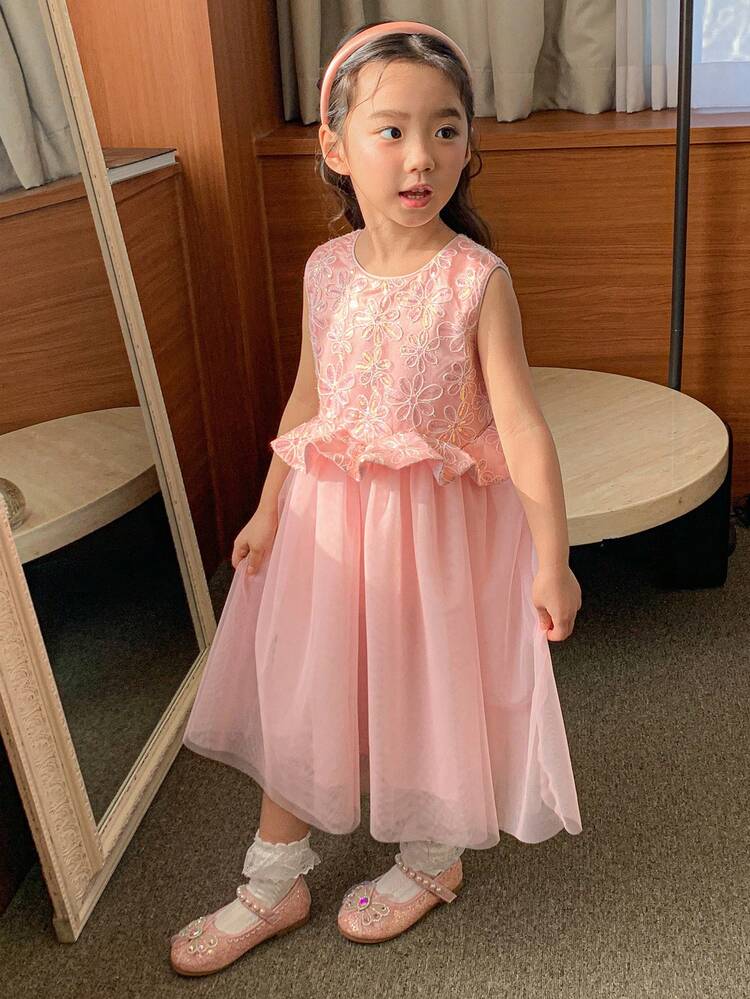 Girls Toddler Round Neck Sleeveless Tulle Dress, Fall Outfit