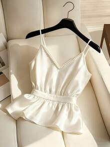 Franclia Spring & Summer French Luxury Satin Camisole Top For Women, Pearl Decor Ruffle Hem Cropped Cami Top, Silky Drape Elegant Office Wear Or Casual, Retro Sweet Girl Style Flattering & Whitening, Satin Drawstring Waist Camisole Top With Pearls White Peplum Top Peplum Top Women White Elegant Top Ivory Top Dress Top - Apricot - View 1