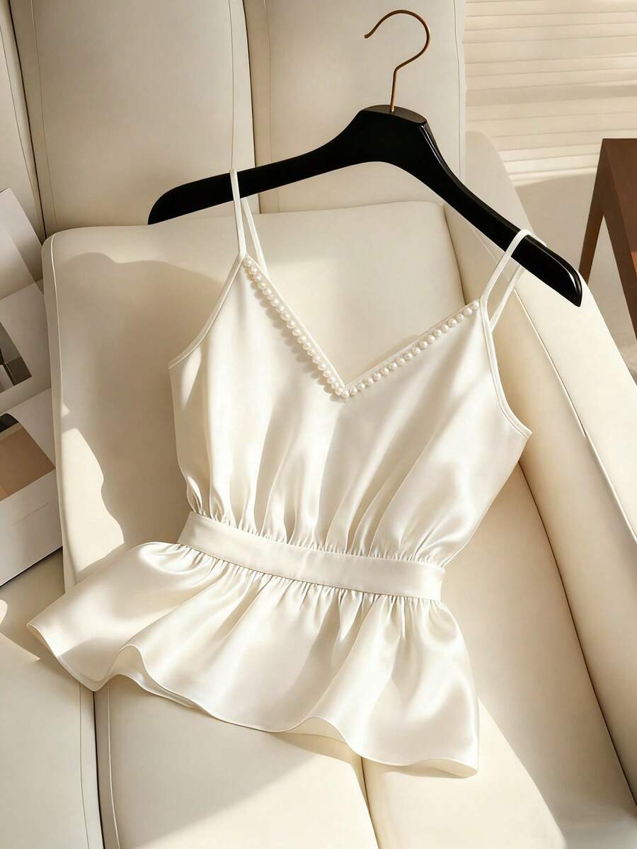 Franclia Spring & Summer French Luxury Satin Camisole Top For Women, Pearl Decor Ruffle Hem Cropped Cami Top, Silky Drape Elegant Office Wear Or Casual, Retro Sweet Girl Style Flattering & Whitening, Satin Drawstring Waist Camisole Top With Pearls White Peplum Top Peplum Top Women White Elegant Top Ivory Top Dress Top - Apricot - View 1