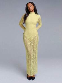 Athîral Women's Elegant Sexy Solid Color Lace Backless Dress - Light Yellow - View 5