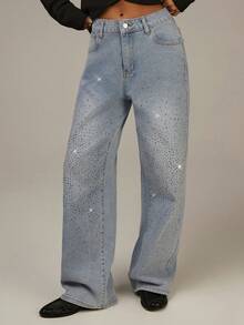 Athîral 女士休闲水洗水钻直筒牛仔裤 - 淺藍色 - 查看 1