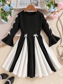 Young Girl Patchwork Colorblock Minimalist Casual Everyday Dress - Black and White - View 1
