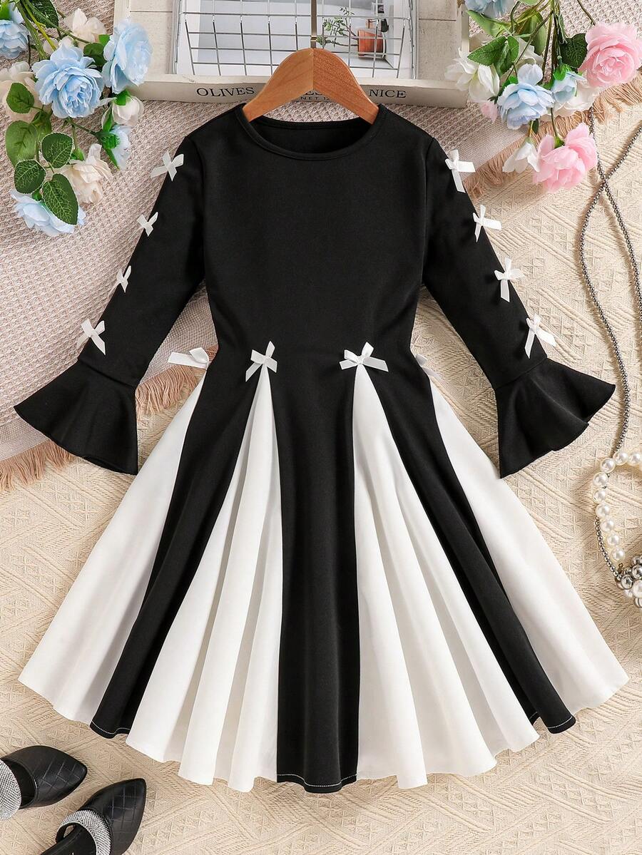 Young Girl Patchwork Colorblock Minimalist Casual Everyday Dress - Black and White - View 1