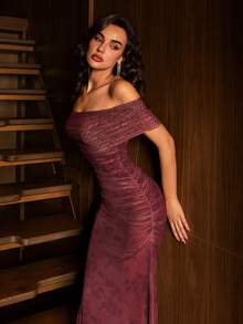 Modelyn Women's Burgundy Mesh Floral Print Off-Shoulder Ruched Waist Elegant Wedding/Occasion Dress - Burgundy - View 4