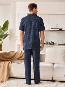 SHEIN Plaid Print Embroidered Pocket Short Sleeve Pants Men Pajama Set, Loungewear - Multicolor - View 2