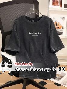 SHEIN CURVE+ 加大码“ENJOY”图案圆领短袖宽松加大码女式 T 恤，夏季休闲套头衫
