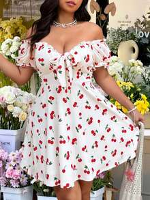 SHEIN EZwear EZwear 大码樱桃印花露肩短袖连衣裙，优雅度假装扮，女士休闲婚礼宾客连衣裙，太阳裙 - 彩色 - 查看 4