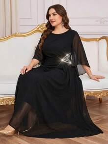 Reflora Elegant Black Plus Size Dress With Round Neck And Long Sleeves Semi Sheer Twist Detail A Line Mermaid Hem Long Length Plain Knitted Fabric For Women - Black - View 10