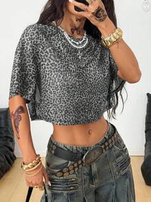 Women's Summer Concert Rave Festival Streetwear Casual Going Out Renaissance Fair Y2K Leopard Sheer Short T-Shirt Tees,Summer Top - Grey - View 7