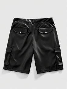 ROMWE MEN Street Life Męskie szorty casualowe ze skóry PU w jednolitym kolorze z kieszeniami ukośnymi - Czarne - Zobacz 10