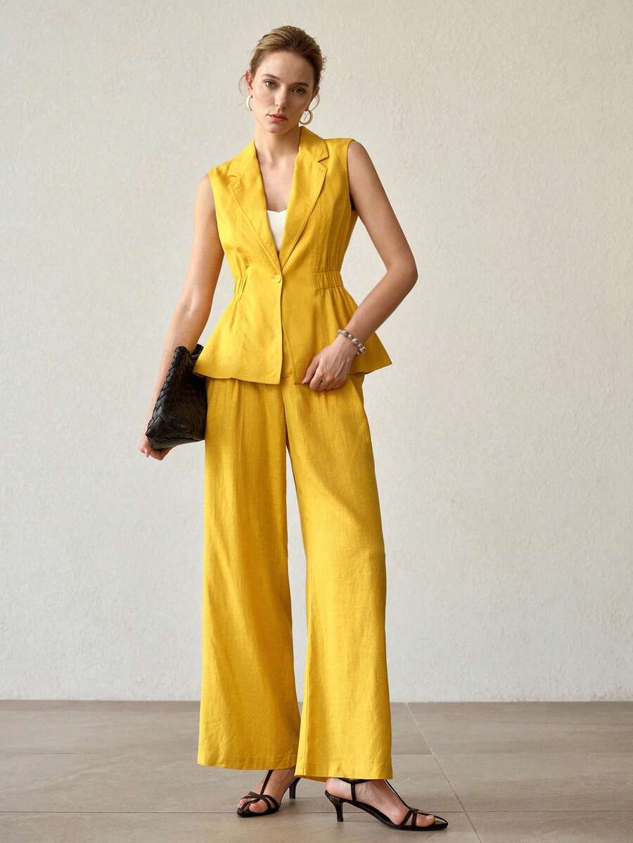 MOTF PREMIUM 女士黄色亚麻基本款优雅阔腿裤，适合通勤 - 黃色 - 查看 1