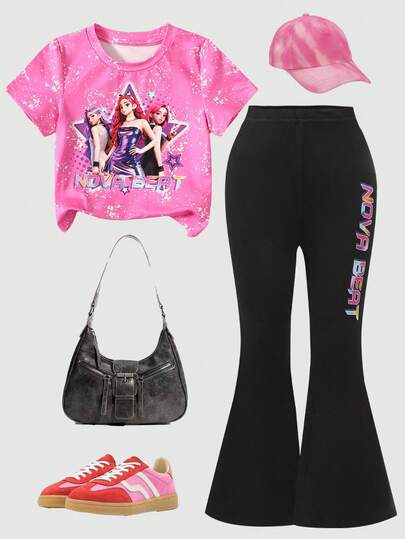 SHEIN 2pcs/Set Girls' Casual KPOP Graphic Print Short Sleeve T-Shirt And Pants Set, Summer