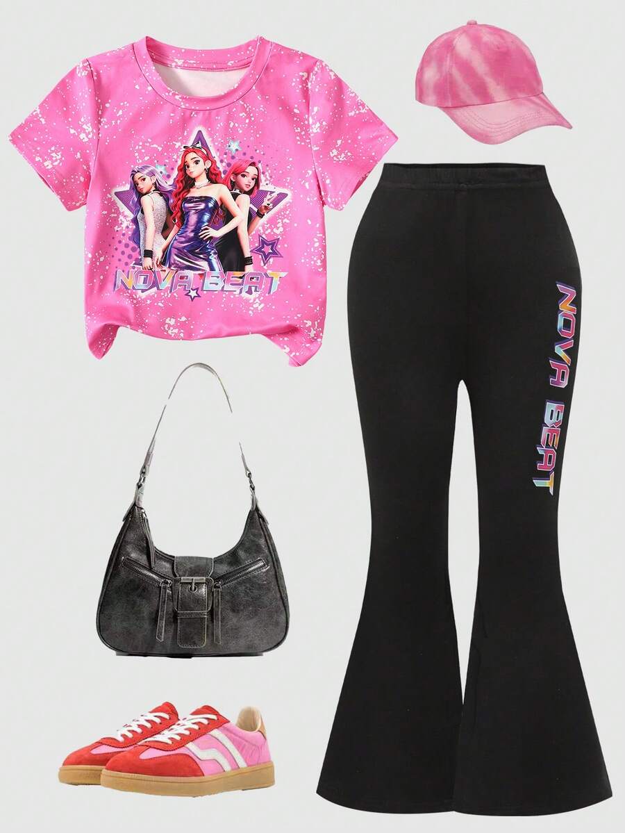 SHEIN 2pcs/Set Girls' Casual KPOP Graphic Print Short Sleeve T-Shirt And Pants Set, Summer - Pink - View 1