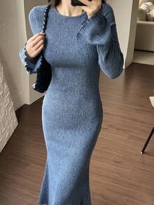 DAZY 女士休闲、办公、通勤纯色纹理面料喇叭袖鱼尾下摆连衣裙，春秋季连衣裙 - 藍色 - 查看 2