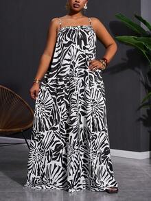 Slaydiva Plus Size Women's Abstract Floral Plant Zebra Print Sleeveless A-Line Maxi Dress Summer Boho Nomadic Style Loose Holiday Beach Vacation Wear White - Black and White - View 2