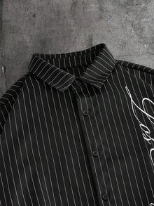 AXEPEAK 男士字母条纹印花纽扣前开襟休闲长袖衬衫黑色图案夹克街头风纽扣长袖衬衫男士条纹衬衫图案纽扣衬衫 - 黑色 - 查看 3