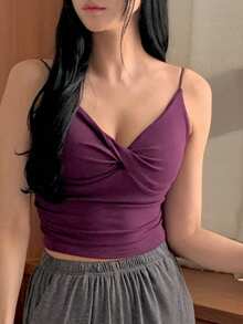 DAZY Women's Minimalist Twist Knot Camisole Top With Built-In Padded Bra - Purple - View 9