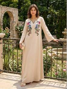 Lilora Women's Elegant Floral Sequin V-Neck Long Sleeve Loose Long Dress Romantic, Elegant, And Suitable For Commuting Sequin Embroidered Long Dress Embroidered Dress Floral Applique Dress Modest Tops For Women Women's Sophisticated And Elegant Outfits Beige Dress For Women Arabic Style Abayas Dubai Luxury Abaya For Women Dubai - Khaki - View 6