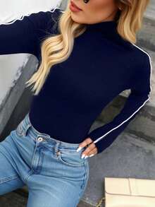 EMERY ROSE Women's Casual Rib Knit Blue Long Sleeve High Neck Plus Size T Shirt - Blue - View 1