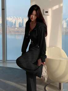 DAZY 女士纯色拉链外套和长裤两件套优雅运动套装，女士连帽家居服套装 - 黑色 - 查看 2