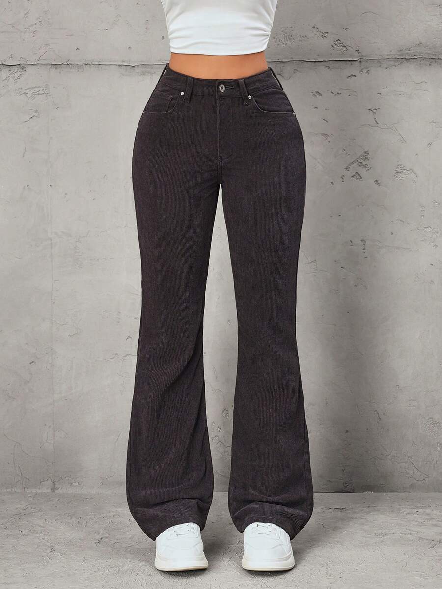 SHEIN EZwear 纯色修身斜插口袋休闲喇叭裤灯芯绒裤 - 灰色 - 查看 1
