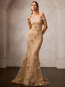 MOTF Soiréza 春夏高端3D立体花卉缎面拼接露肩礼服 - 卡其色 - 查看 5