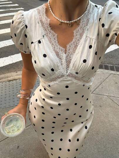 Aloruh Polka Dot Jacquard Lace Collar Splice Heart Neck Elegant Romantic Fishtail Dress