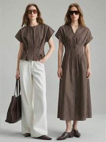 Ontre 2026春夏女装红色混纺仿针织面料，柔软舒适保暖，百搭廓形，圆领短袖长款直筒连衣裙，多功能都市休闲商务通勤高品质机场穿搭，舒适柔软，四季皆宜，早春必备，适合节日场合。 - 棕色 - 查看 3