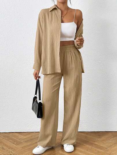 SHEIN PETITE Women's Solid Color Long Sleeve Single-Breasted Shirt And Pants Casual 2 Pieces Set