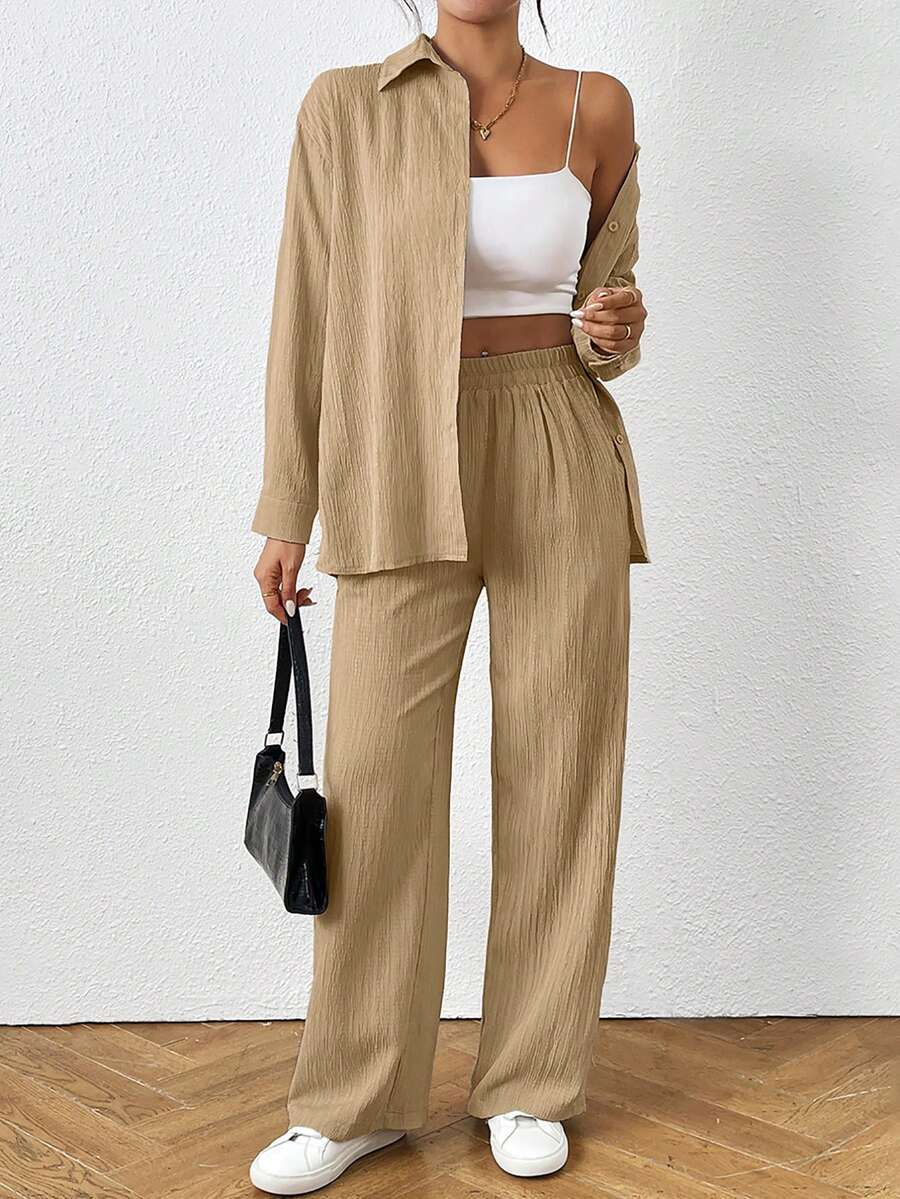 SHEIN PETITE Women's Solid Color Long Sleeve Single-Breasted Shirt And Pants Casual 2 Pieces Set - Mustard Yellow - View 1