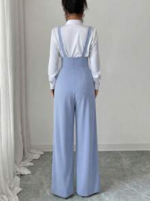 Elenzga Quần ống đứng thanh lịch, lãng mạn dành cho nữ, có dây đeo và trang trí cúc. - Màu xanh lam - Xem 2