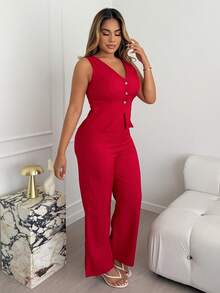 Maria Perezxox 女士优雅无袖背心和裤子套装，商务/通勤风格，夏季 - 酒紅色 - 查看 5