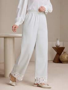 Graceveil Women's Loose Floral Lace Trim Spring Pants Elegant Pants For Women - Light Grey - View 3