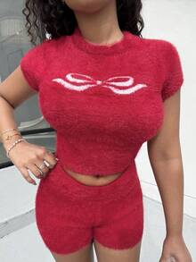 Alexandranx 女式蝴蝶结图案圆领红色仿貂短袖针织上衣和针织短裤套装，秋冬 - 紅色 - 查看 3