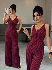 Elenzga 女士酒红色条纹独特设计吊带背心，V领纽扣装饰，无袖设计，配有假口袋，搭配宽松阔腿裤，优雅百搭，适合生日、约会、派对、正式场合、鸡尾酒会、音乐节、情人节、复活节、劳动节、返校季、光棍节、节日氛围、春季穿搭等各种场合。这款小众设计吊带背心搭配宽松阔腿裤，尽显优雅气质。 - 酒紅色 - 查看 3