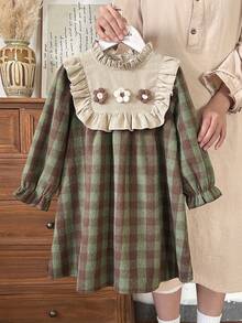 Vintaside Kids 女童休闲可爱格子图案3D立体花卉装饰长袖连衣裙，适合春、秋、冬三季室内外穿着，日常百搭。 - 綠色 - 查看 4