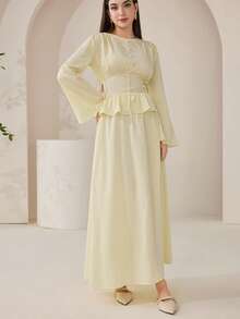 Veilorie 女士优雅纯色收腰喇叭袖上衣和半裙两件套，秋季 - 黃色 - 查看 6