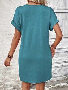 EMERY ROSE Women's Solid Color V-Neck Short Sleeve Button Design Casual Dress - Blue - View 2