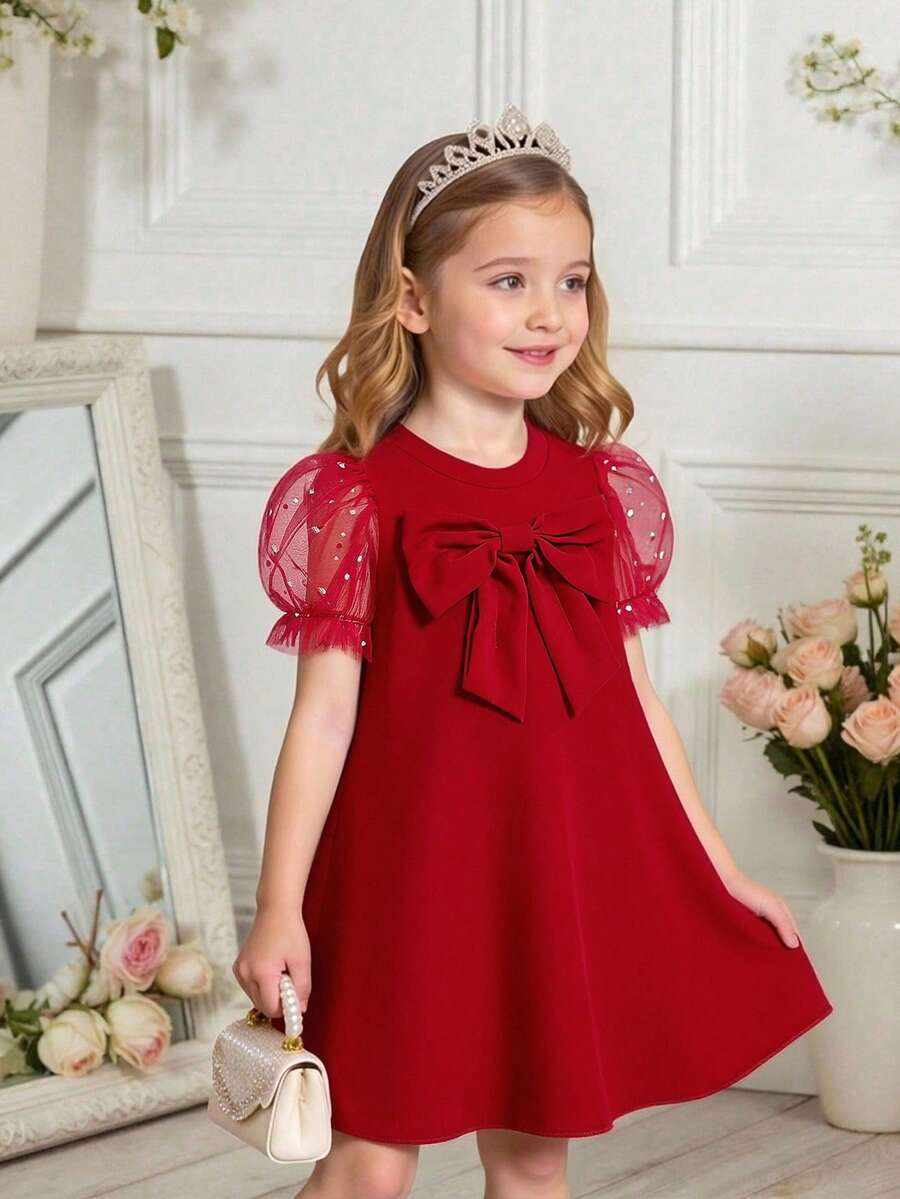 Girls Elegant Round Neck Heart Mesh Puff Sleeve Bow Front Casual Fashion Dress, Suitable For Vacation, Travel, Birthday Gift, Summer - Burgundy - View 1