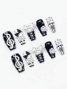ROMWE Anime 10 Music Notes, Fake Nail Pads And A Piece Of Double-Sided Tape - Black and White - View 2