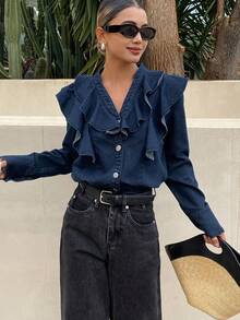 DAZY Women's Casual V-Neck Ruffled Denim Blouse