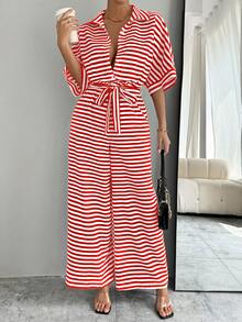 SHEIN LUNE Mono de mujer con mangas de murciélago y nudo delantero con estampado de rayas - Multicolor - Ver 5