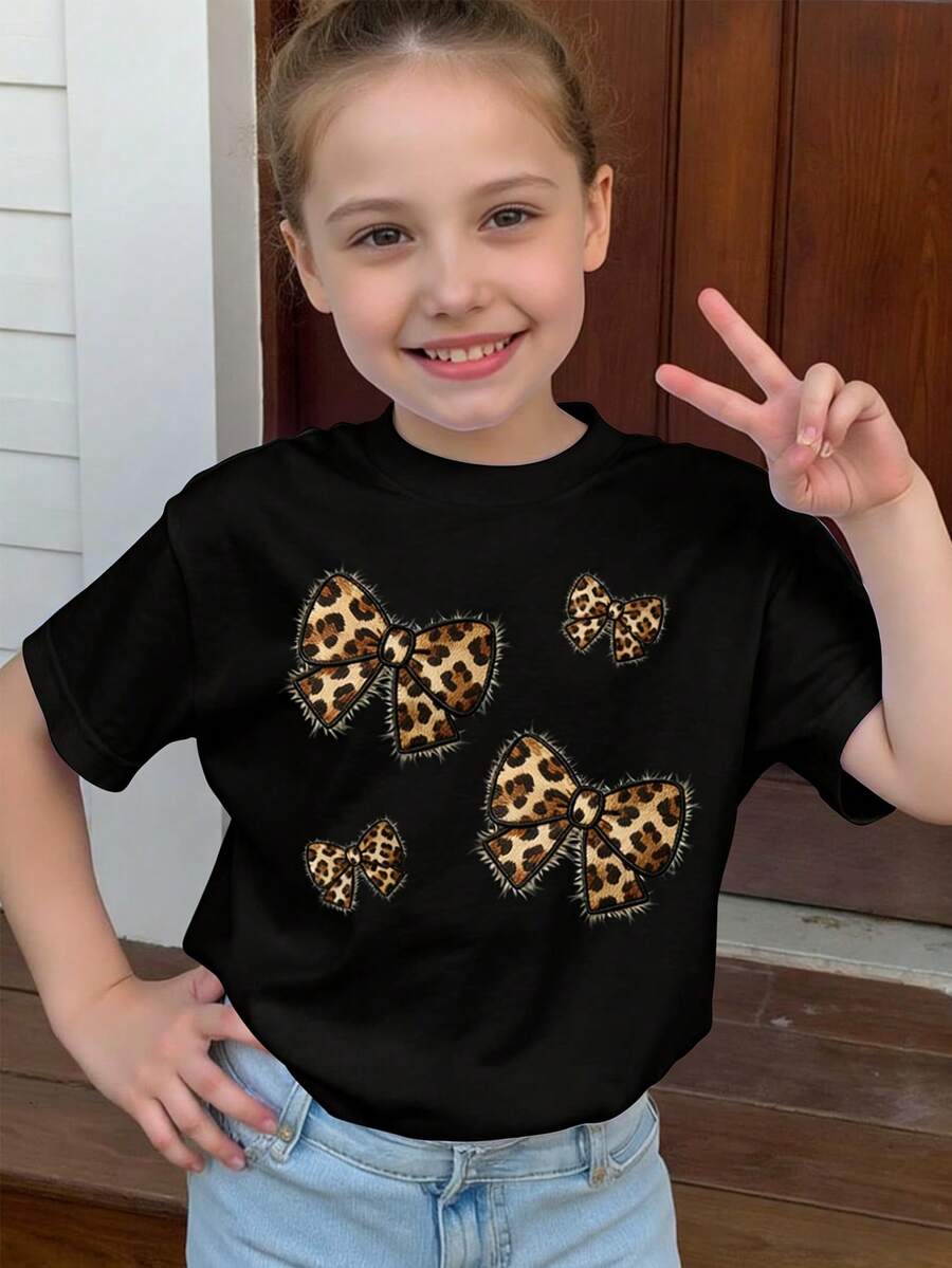 女童字母蝴蝶结印花圆领短袖休闲百搭T恤 - 黑色 - 查看 1