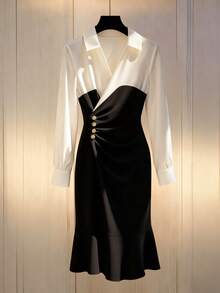 Chiquease 优雅时尚V领装饰纽扣荷叶边下摆长袖女式连衣裙 - 黑色 - 查看 3