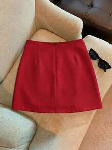 SHEIN LUNE Women's Elegant Rose Flower Embroidered Romantic Date Black Skirt, High-Quality Slim Fit - Red - View 2
