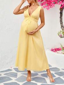 SHEIN 深V领性感孕妇度假纯色腰带无袖连衣裙 - 淺藍色 - 查看 4