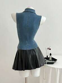 Elamini 女士休闲前扣无袖牛仔衬衫，夏季 - 淺色水洗藍 - 查看 2